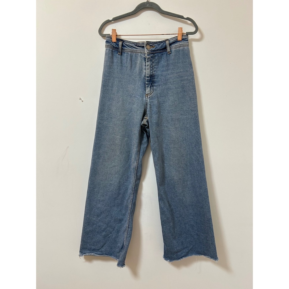 Zara Marine High Waisted Wide Leg Jeans Women 6 Blue Raw Hem